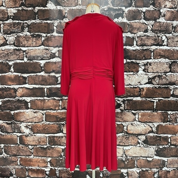 Evan-Picone Dress Women's 14 Red Long Sleeve A-Line Midi V-Neck Ruffles - Picture 10 of 16